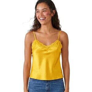 Silky Satin Cami Tank Top Blouse M Yellow Lace Trim Spaghetti Business Casual